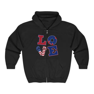 Patriotic 'LOVE' Zip Hoodie – American Flag & Donut Graphic