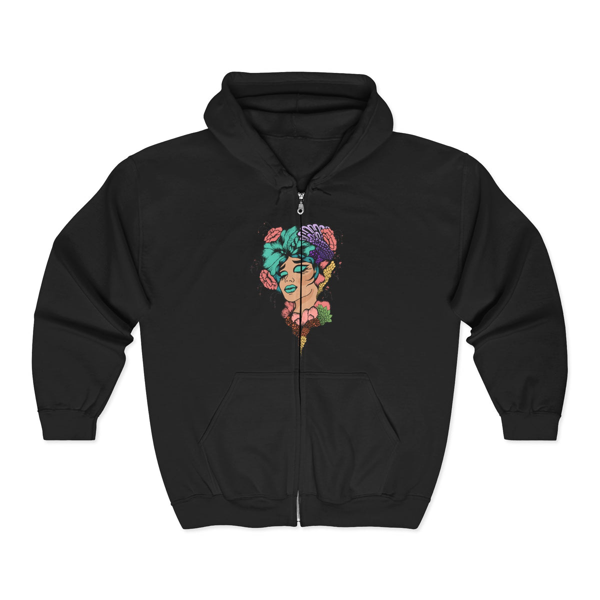 Floral Skull Zip Hoodie — Gothic Floral Portrait Full‑Zip