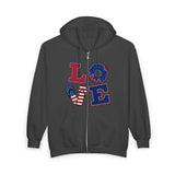 Load image into Gallery viewer, Patriotic 'LOVE' Zip Hoodie – American Flag &amp; Donut Graphic