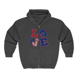 Load image into Gallery viewer, Patriotic 'LOVE' Zip Hoodie – American Flag &amp; Donut Graphic