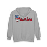 Load image into Gallery viewer, Zip Hoodie — “Wholeness” Front &amp; ‘Merica Peace Hand Back (Patriotic)