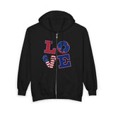 Load image into Gallery viewer, Patriotic 'LOVE' Zip Hoodie – American Flag &amp; Donut Graphic