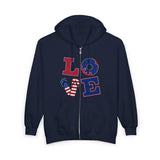 Load image into Gallery viewer, Patriotic 'LOVE' Zip Hoodie – American Flag &amp; Donut Graphic