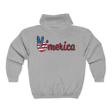 Load image into Gallery viewer, Zip Hoodie — “Wholeness” Front &amp; ‘Merica Peace Hand Back (Patriotic)